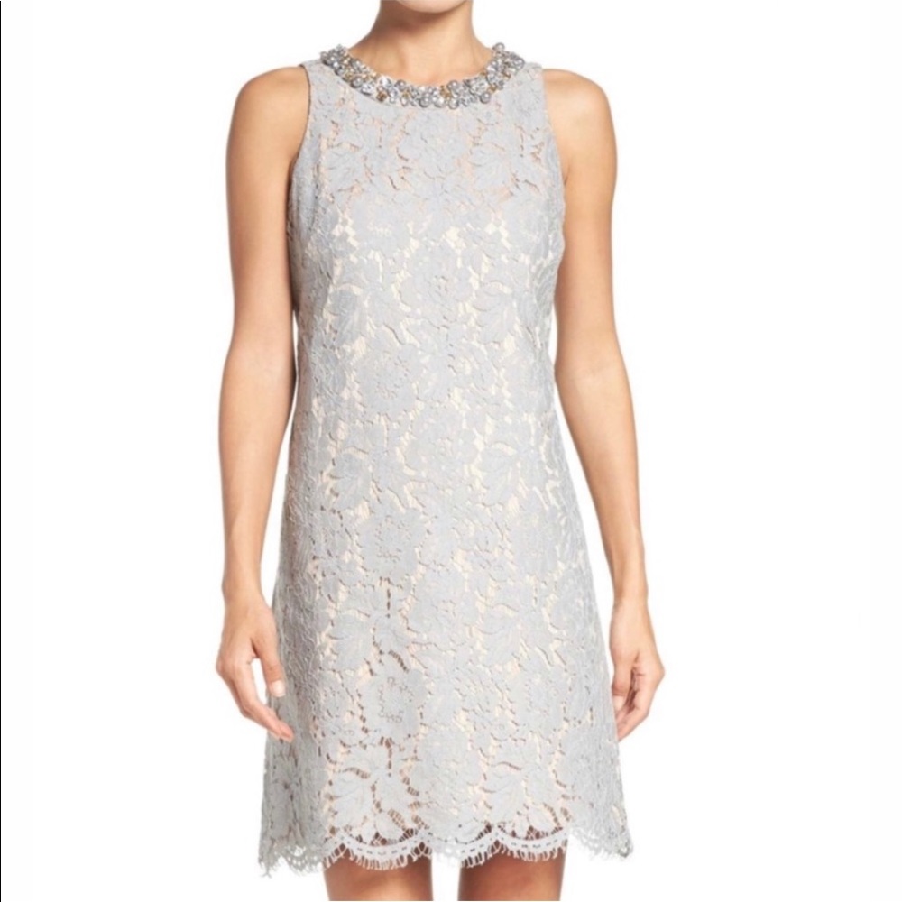 ELIZA J Grey Lace Dress With Jeweled Neckline | Size 6 | Wedding/Cocktail - Picture 1 of 15